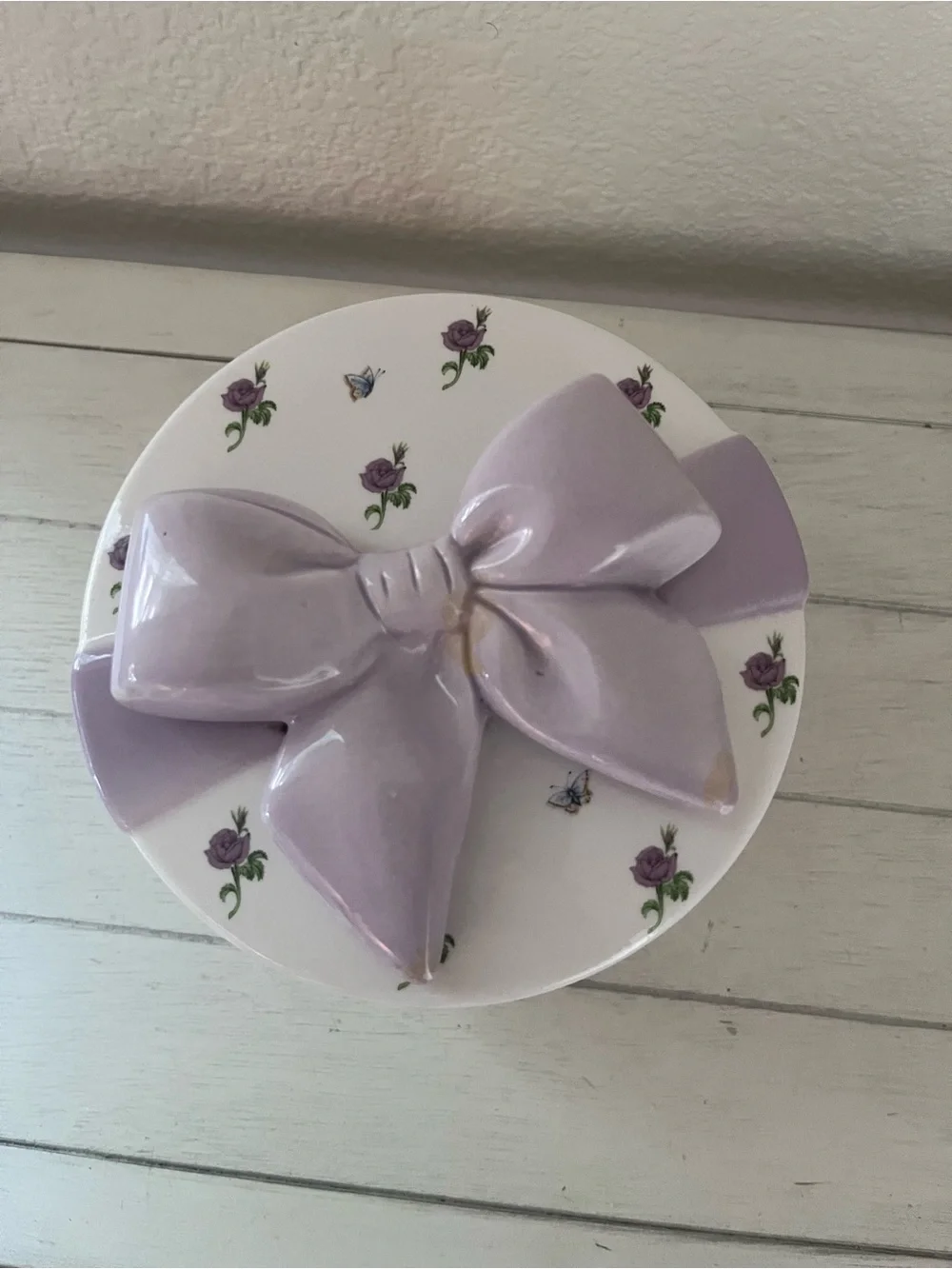 Vintage Teleflora Ceramic Bow Floral Trinket Jewlery Box Decor